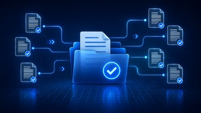Digital document management system featuring a central glowing blue folder and six connected files for secure workflow approval.