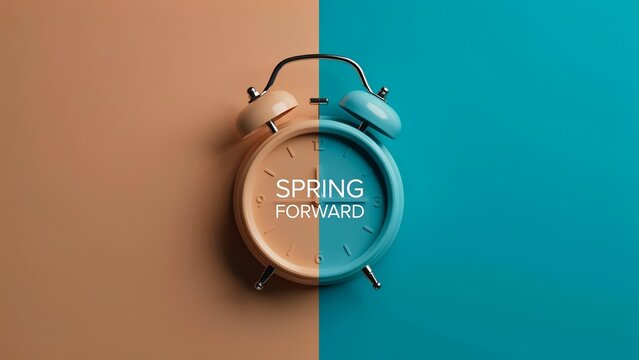 Pastel alarm clock on a split background with peach and turquoise colors, featuring the text spring forward on the clock face