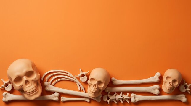 A detailed 3D skull and bone border lining the bottom of an orange surface with extensive copy space above for bold halloween background typography