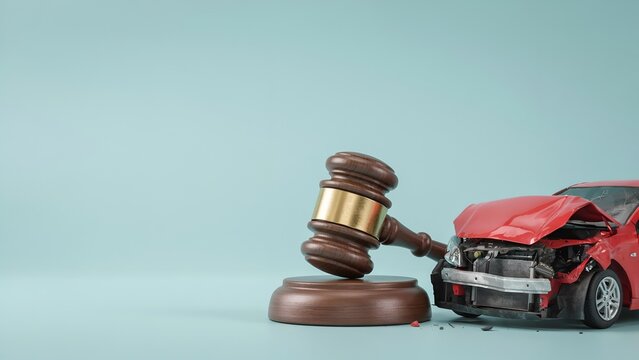 A wooden judge gavel resting next to a heavily damaged red toy car on a light blue background, representing a car accident lawsuit