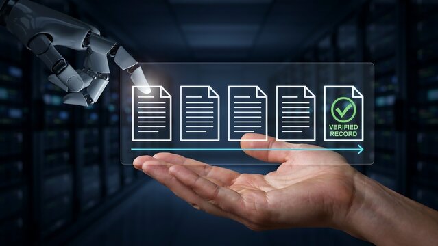 Robot hand pointing towards digital display of verified documents held by human palm in server room environment signifying secure data management validation process.