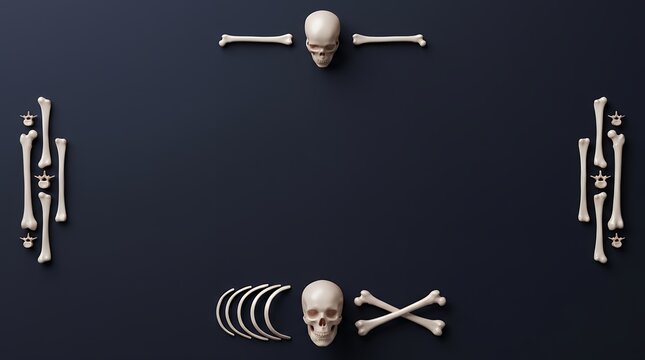 Balanced 3D skull and bone border elements placed strategically on all four sides of a dark navy blue halloween background providing central copy space