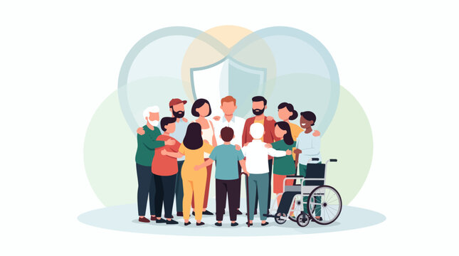 Diverse community group standing together with protection shield icon family health insurance and social security concept illustration