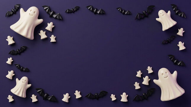 Halloween background with white ghosts and black bats frame on dark