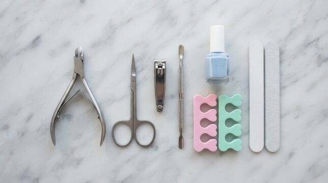 Manicure and pedicure tools set with nail polish on marble surface