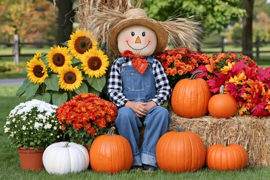 Scarecrow sitting among autumn harvest decorations on grass