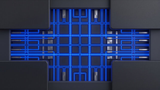 ウルトラマリンブルーに発光する量子暗号光学格子コアと回路の俯瞰3D背景