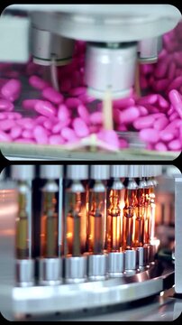 Pharmaceutical Manufacturing Split Screen Pills and Ampoules Production. Multi-window concept highlighting automated drug packaging, high-speed robotic arms, and female technicians monitoring lines.
