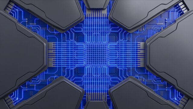 ウルトラマリンブルーに発光する量子暗号光学格子コアと回路の俯瞰3D背景