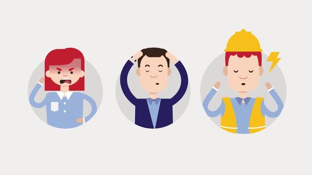 2D animation showing three workers holding their heads in stress and frustration workplace burnout concept