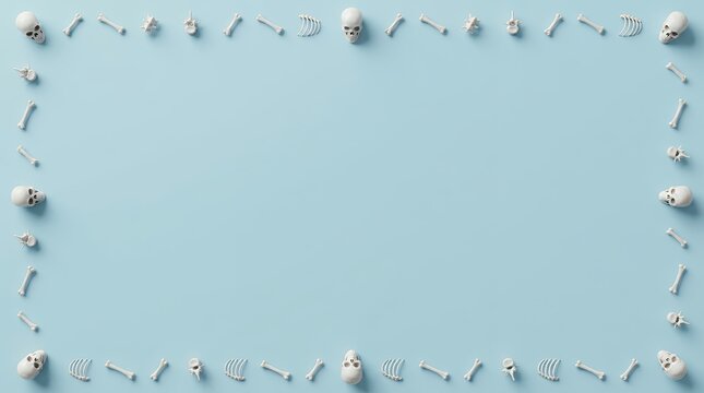 Linear 3D skull and bone border pattern across the top and bottom edges of a bright blue halloween background offering versatile copy space