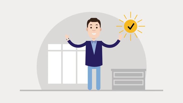 2D animation of a smiling businessman standing with arms open next to a glowing checkmark approval concept