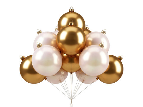 Un bouquet festif de boules de No&euml;l dor&eacute;es et nacr&eacute;es brillantes, suspendues ensemble sur un fond blanc pur, id&eacute;al pour des designs de cartes de v&oelig;ux &eacute;l&eacute;gants, des banni&egrave;res saisonni&egrave;res et des