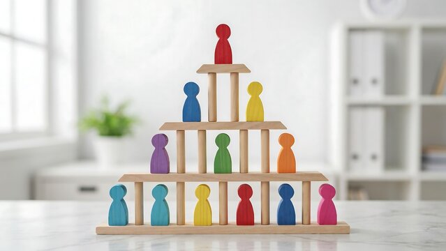 Wooden human figures arranged in organizational hierarchy pyramid shape on office desk surface representing corporate structure and team leadership management model.