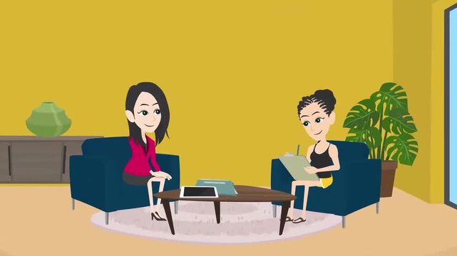 2D animation of a psychologist listening and taking notes during a consultation session with a female patient