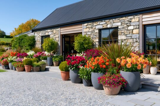 Stone building featuring vibrant potted dahlias and flowers