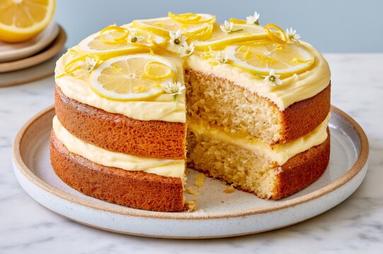 Lemon layer cake with frosting and citrus slices