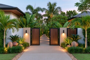 Fototapeta premium Luxury villa entrance showing tropical garden pathway