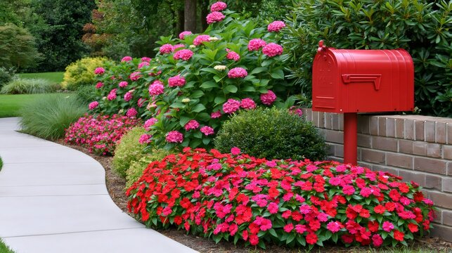 Red mailbox standing next to colorful garden flowers