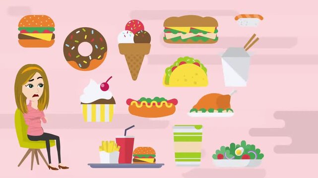 2D animation of a woman sitting surrounded by fast food icons burger pizza donuts unhealthy diet concept