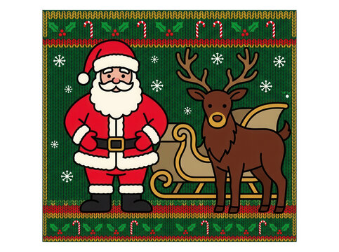 Illustration vectorielle de style pull de No&euml;l avec le P&egrave;re No&euml;l et son renne &agrave; c&ocirc;t&eacute; d'un tra&icirc;neau sur un fond vert textur&eacute; avec des motifs de flocons de neige, de cannes en sucre et de houx.