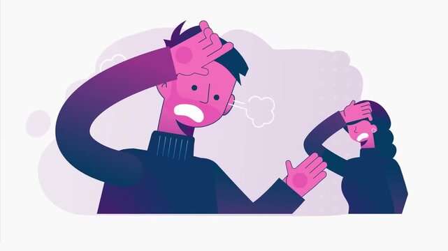 2D animation of a man and woman clutching heads during a heated argument relationship conflict concept
