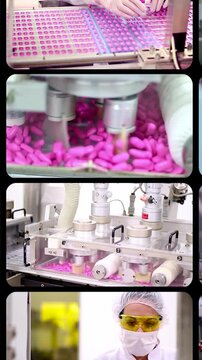 Vertical Multiscreen Pharmaceutical Manufacturing Zoom to Center Pills and Ampoules. Ideal for corporate pharmaceutical presentations, biotech overviews, and advanced medical technology backgrounds.