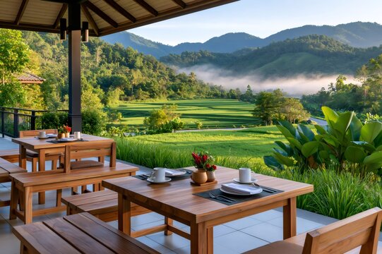 Resort restaurant terrace overlooking foggy rice paddies