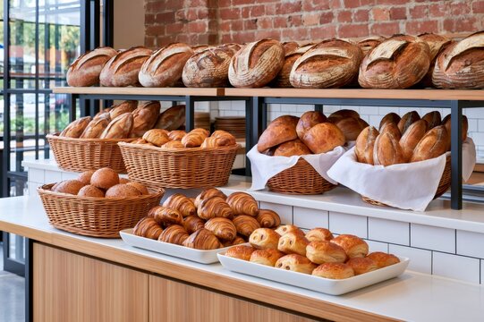 Freshly baked artisan bread and pastry display in bakery