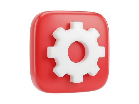 A 3d render of a red rounded square icon featuring a white gear symbol center