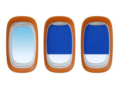 Three stylized airplane window frames with varying blue sky views included