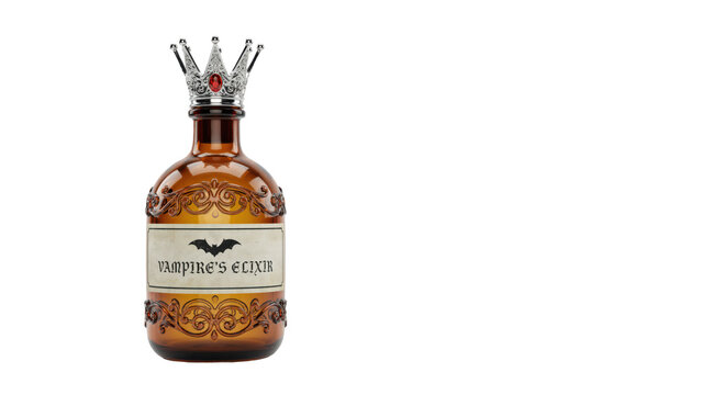 Amber glass apothecary bottle with a silver crown stopper and vampire elixir label isolated on a transparent background