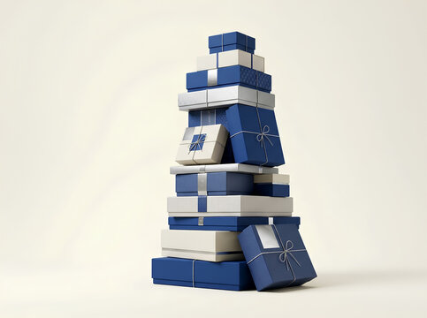 Towering stack of blue and white Christmas presents with ribbons