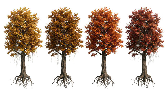 Quatre arbres feuillus isol&eacute;s sur fond blanc, illustrant la transition des couleurs automnales du jaune dor&eacute; au rouge profond, avec des racines visibles et des d&eacute;tails de texture d'&eacute;corce r&eacute;alistes.