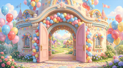 Fototapeta premium Pastel Fairytale Castle Entrance with Colorful Balloons and Open Pink Doors パステルカラーの風船と開いたピンクのドアが華やかな童話のお城の入り口の風景素材