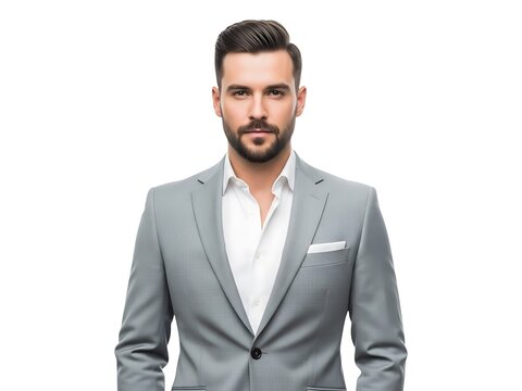 A handsome man wearing a sharp grey suit jacket and white shirt portrait