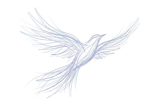 Illustration stylis&eacute;e d'un oiseau en plein vol dessin&eacute;e avec des lignes fluides et &eacute;l&eacute;gantes de couleur bleue sur un fond blanc pur, symbolisant la libert&eacute;, la paix et le mouvement artistique