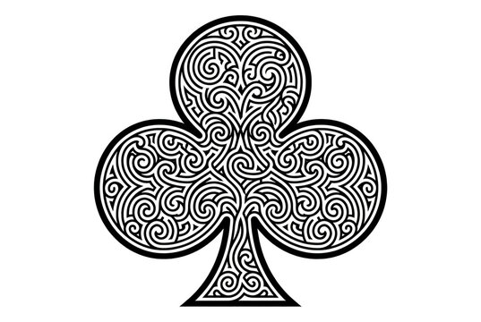 Symbole de tr&egrave;fle orn&eacute; avec un motif complexe de lignes entrelac&eacute;es et de volutes d&eacute;coratives, design graphique noir et blanc isol&eacute; sur fond blanc pour jeux de cartes ou projets cr&eacute;atifs.