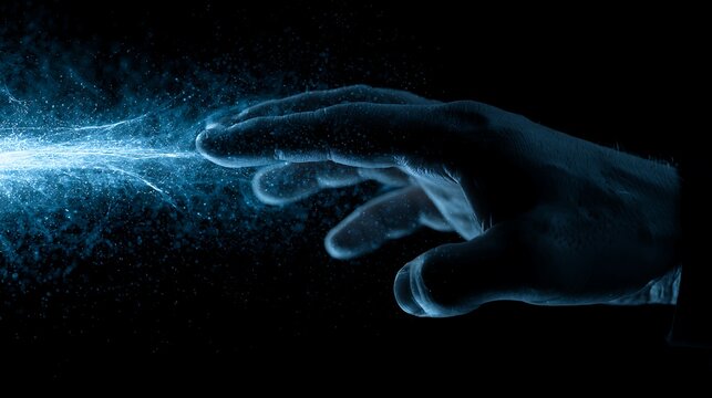 Realistic human hand scanning a futuristic cybersecurity network, neon blue scanning beam revealing hidden digital threats