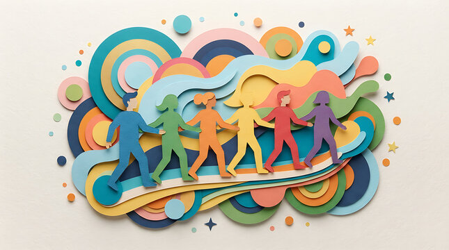 Colorful paper cut art depicting teamwork and collaboration among people