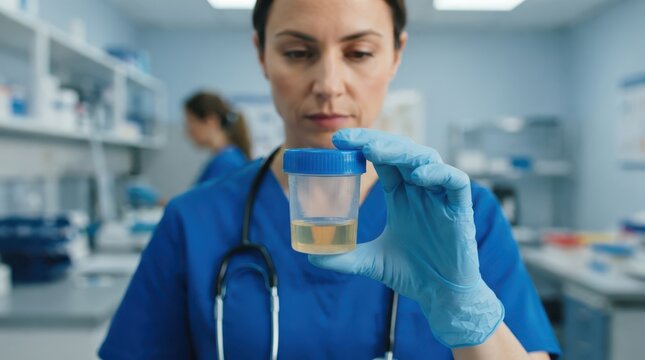 Medical professional holding a urine sample container in a laboratory setting