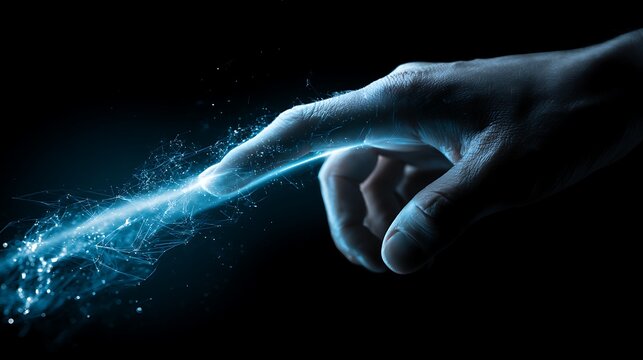 Realistic human hand scanning a futuristic cybersecurity network, neon blue scanning beam revealing hidden digital threats