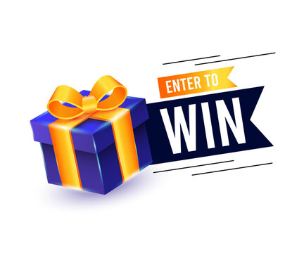 Enter to win banner template with 3D blue gift box and gold ribbon isolated on white background vector illustration