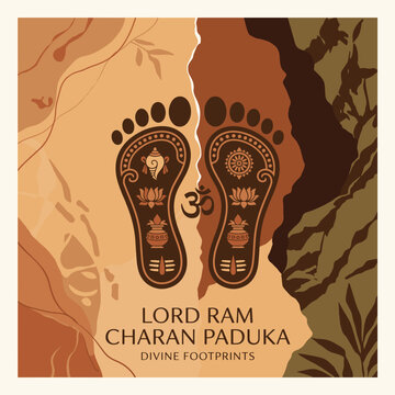 Stylized Lord Ram Charan Paduka divine footprints featuring Hindu religious symbols.
