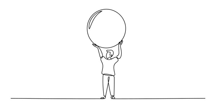 Man balancing a large circle on his hand continuous line drawing
