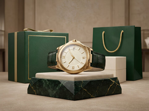 Luxury gold watch on marble display with green gift box