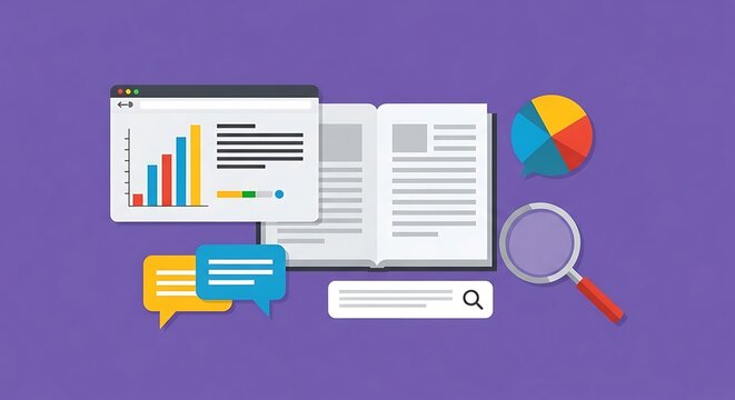 Flat design illustration representing digital learning analytics with data charts and research tools for educational development and online knowledge acquisition concepts on a solid purple background