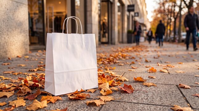 Blank white shopping bag standing on stone pavement covered with golden dry maple leaves during casual stroll through autumn city street