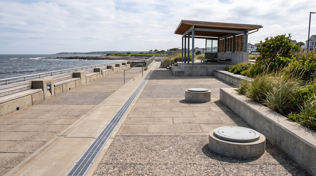 Resilient public infrastructure demonstrates practical coastal adaptation through raised surfaces, drainage, landscaping, and flood-resistant urban design.