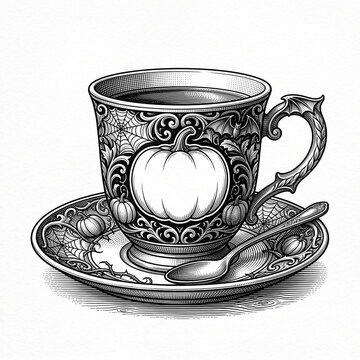 Halloween tea cup decorated with pumpkin, bats and spiderweb in vintage engraving style